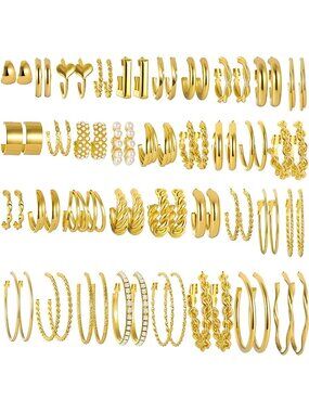 36 Pairs Gold Hoop Earrings Se Hypoallergenic Chunky Chain Twisted Hoop Earrings